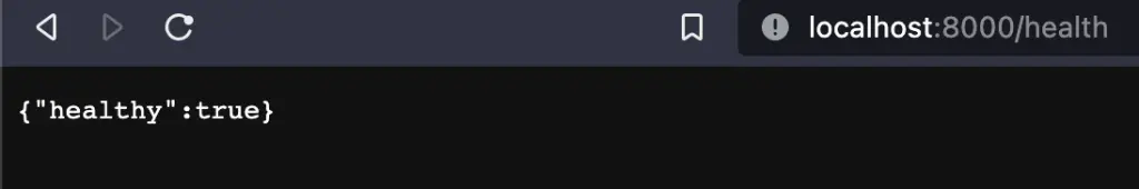 Calling your new endpoint from the browser, which returns a JSON response in the shape of the Health struct you have previously implemented.